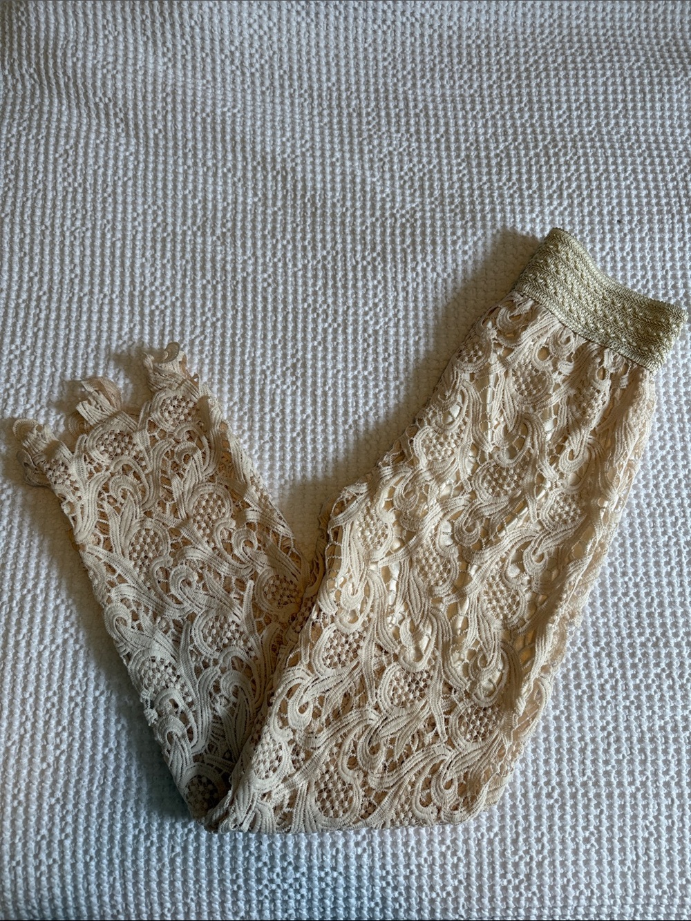 Cream Crochet Pants with Stretch Waistband